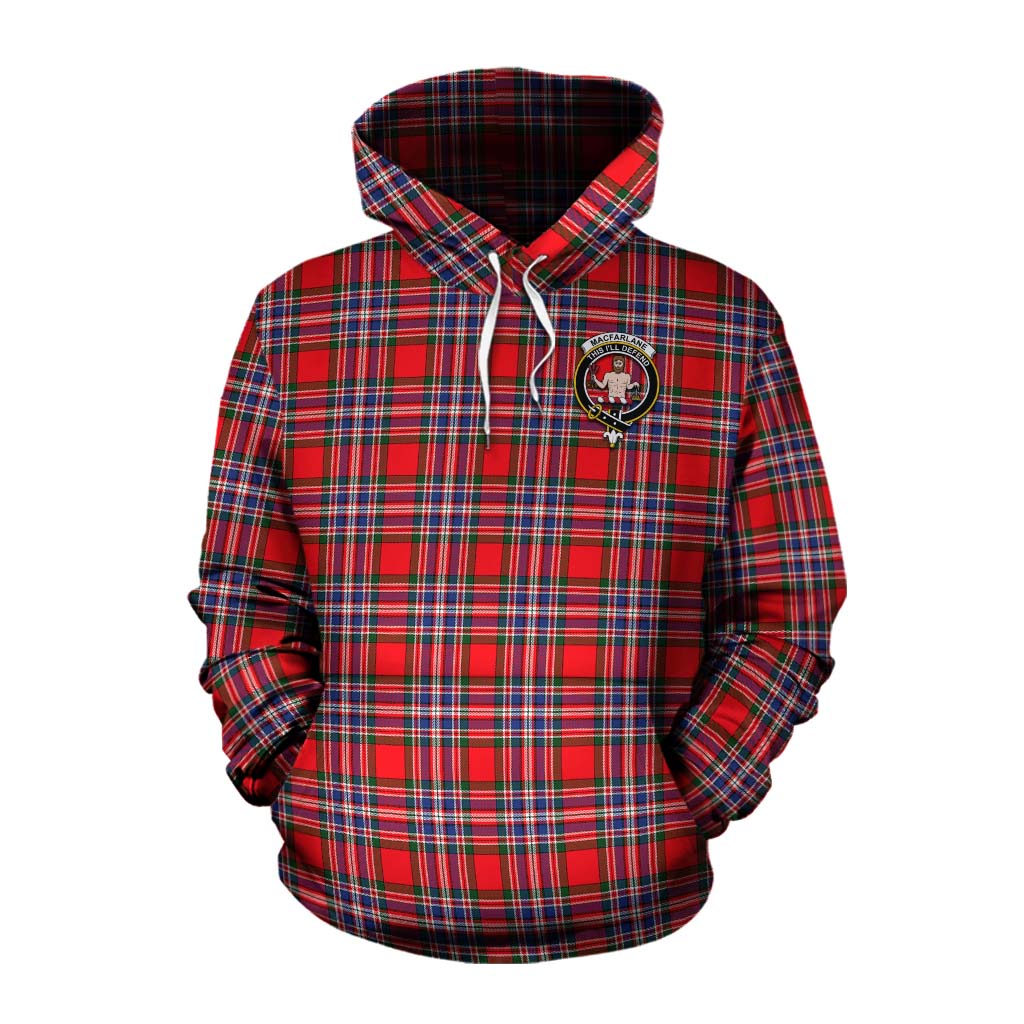 Tartan Vibes Clothing MacFarlane (McFarlane) Tartan Cotton Hoodie with Family Crest and Bearded Skull Holding Bottles of Whiskey