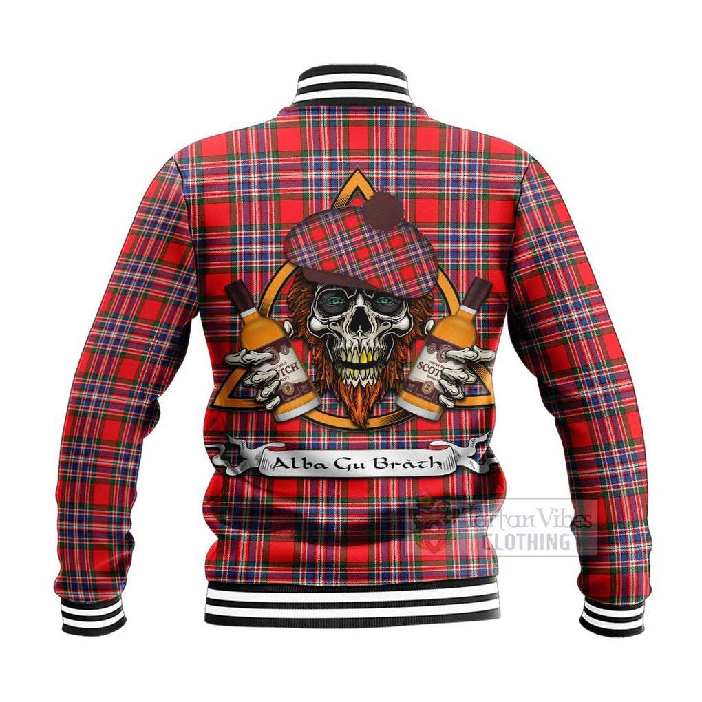 Tartan Vibes Clothing MacFarlane (McFarlane) Tartan Baseball Jacket with Family Crest and Bearded Skull Holding Bottles of Whiskey