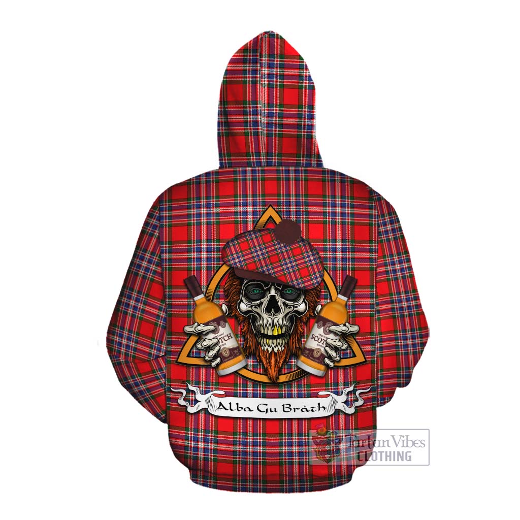 Tartan Vibes Clothing MacFarlane (McFarlane) Tartan Cotton Hoodie with Family Crest and Bearded Skull Holding Bottles of Whiskey