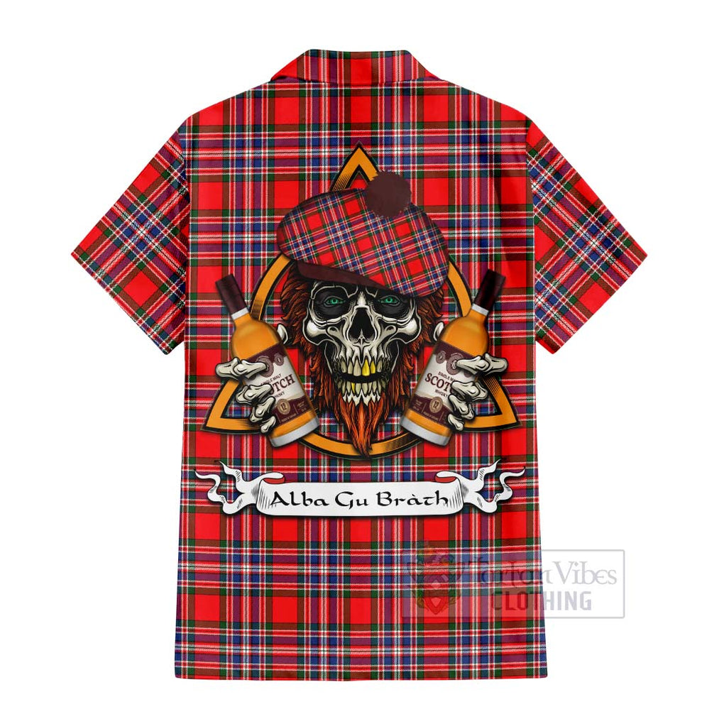 Tartan Vibes Clothing MacFarlane (McFarlane) Tartan Short Sleeve Button Shirt with Family Crest and Bearded Skull Holding Bottles of Whiskey