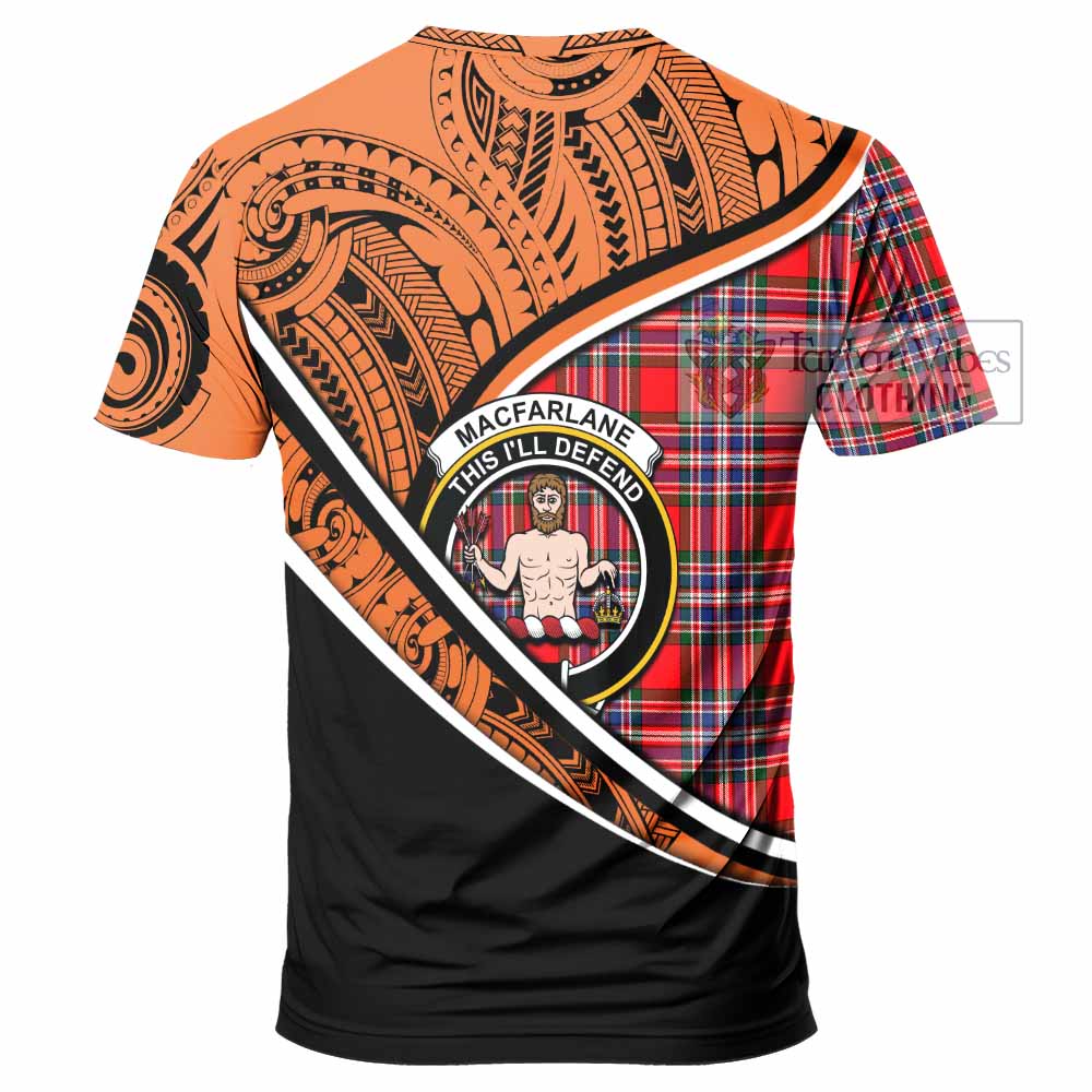 Tartan Vibes Clothing MacFarlane (McFarlane) Crest Tartan T-Shirt with Maori Tattoo Style - Orange Version