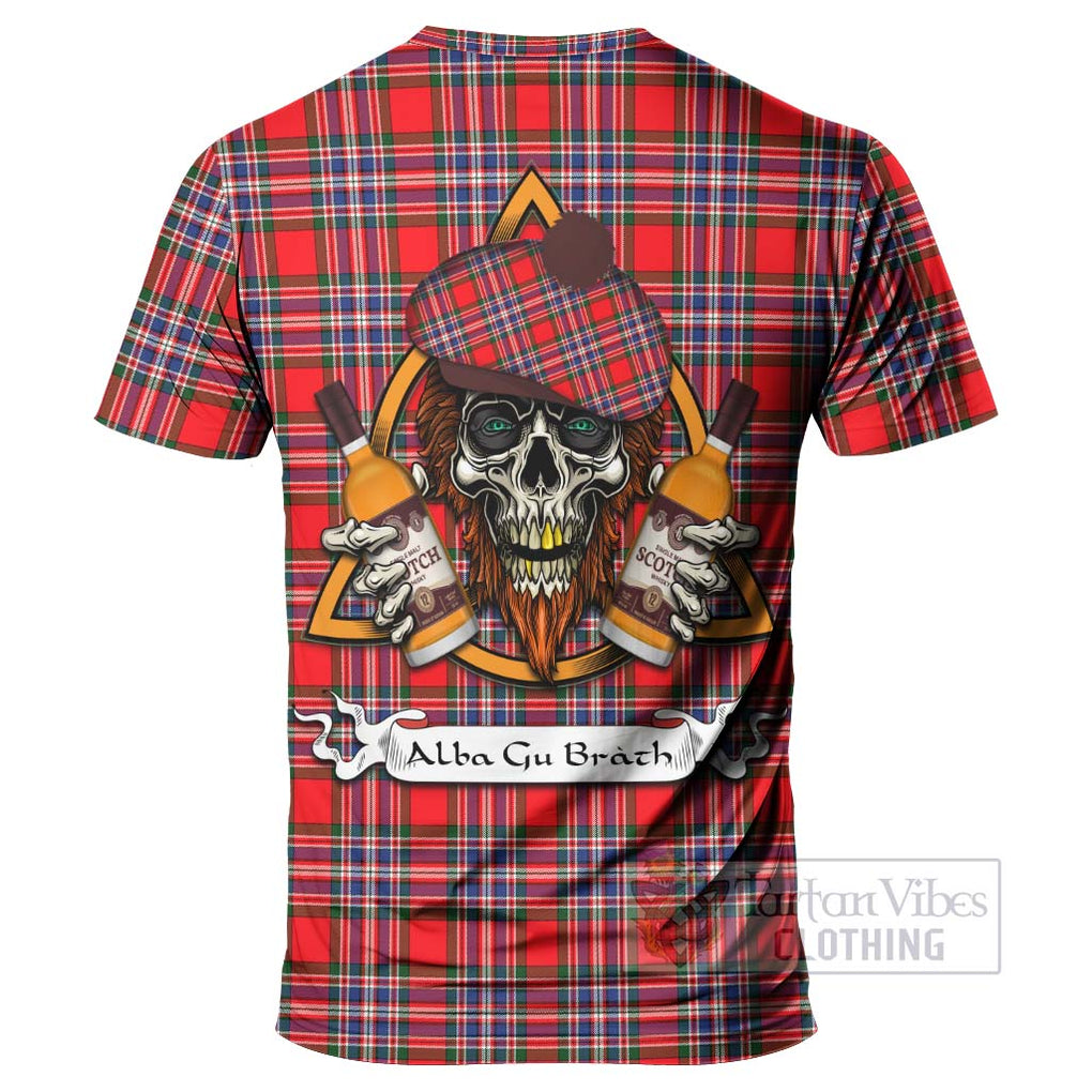 Tartan Vibes Clothing MacFarlane (McFarlane) Tartan T-Shirt with Family Crest and Bearded Skull Holding Bottles of Whiskey