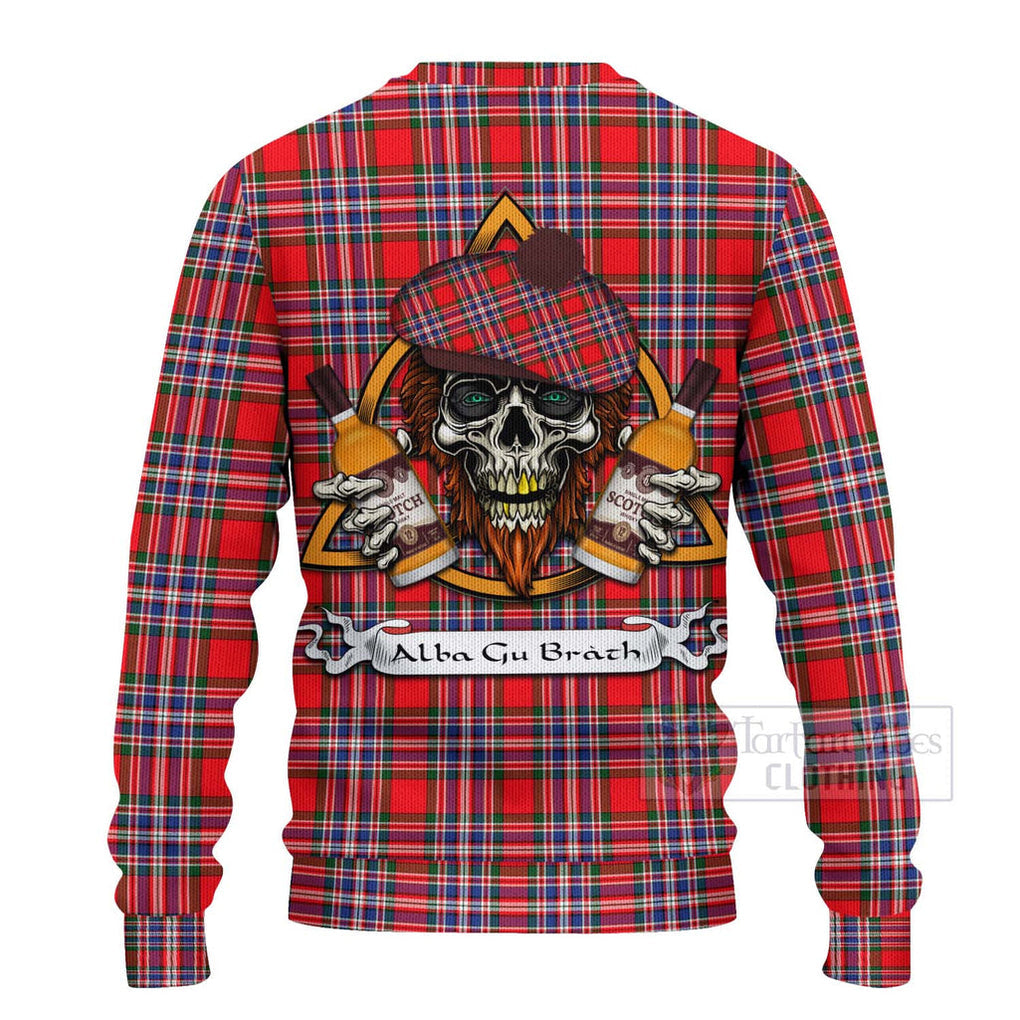 Tartan Vibes Clothing MacFarlane (McFarlane) Tartan Knitted Sweater with Family Crest and Bearded Skull Holding Bottles of Whiskey