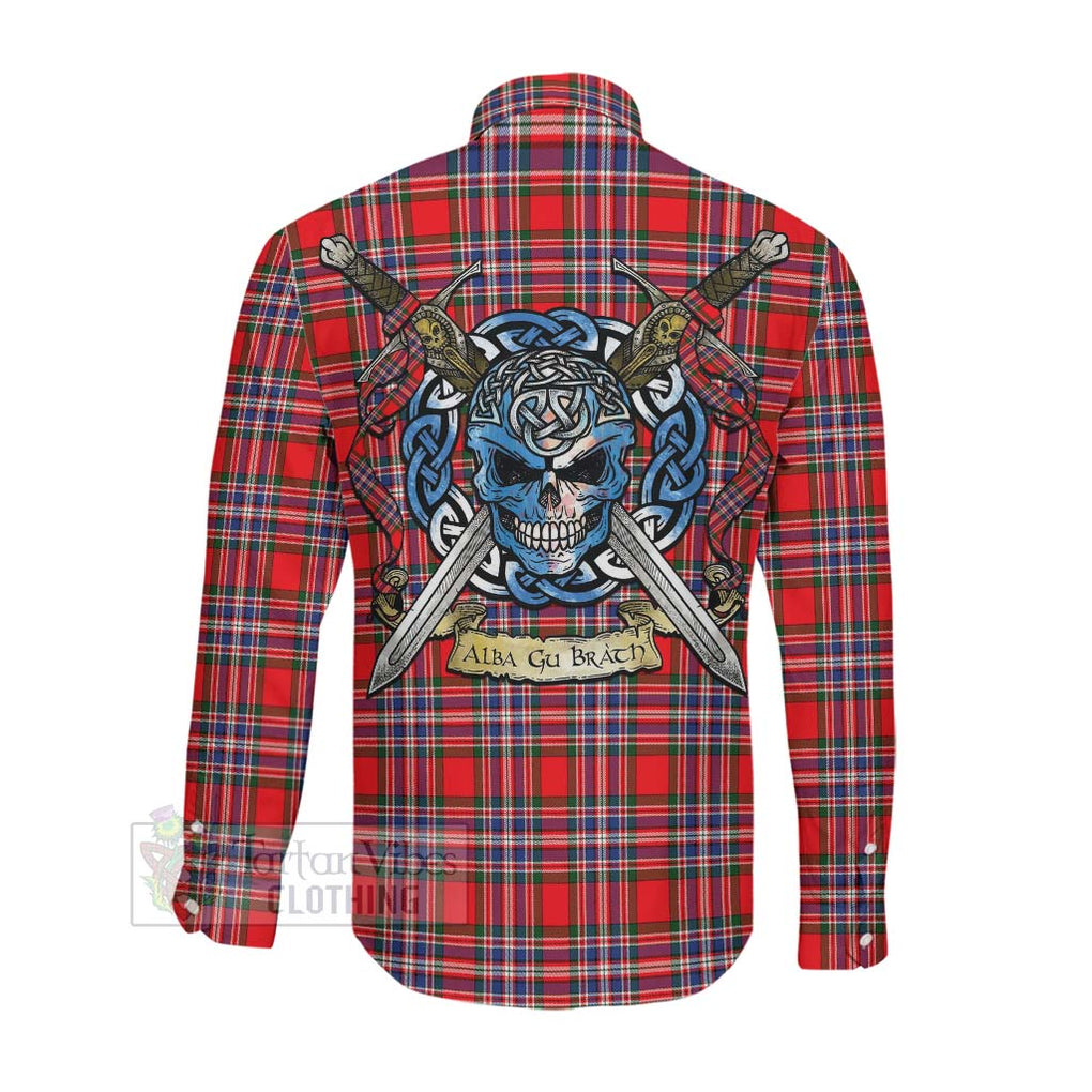 Tartan Vibes Clothing MacFarlane (McFarlane) Tartan Long Sleeve Button Shirt with Family Crest Celtic Skull Style