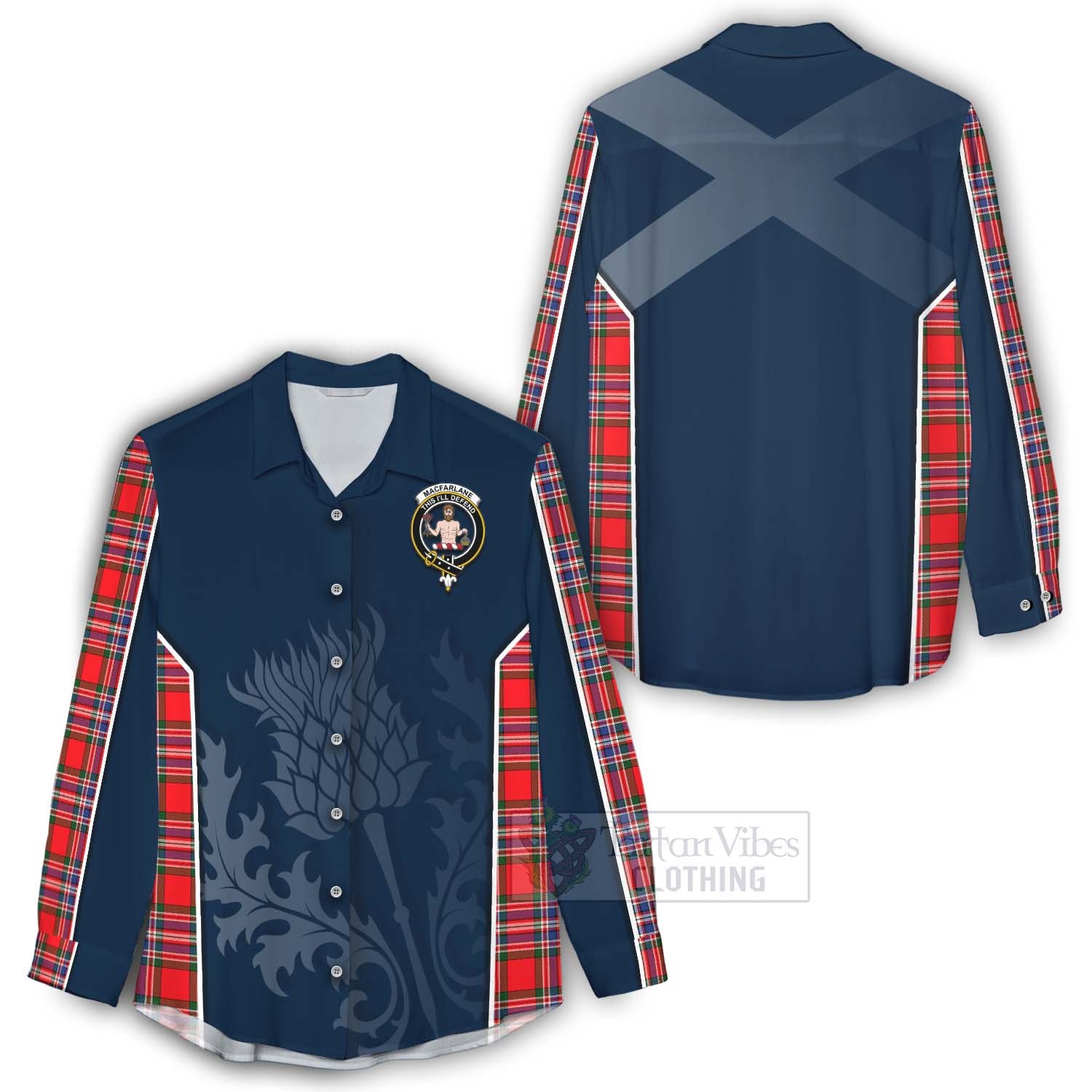 Tartan Vibes Clothing MacFarlane (McFarlane) Tartan Women's Casual Shirt with Family Crest and Scottish Thistle Vibes Sport Style