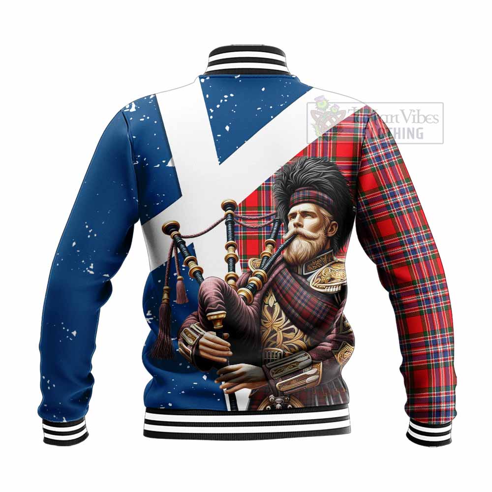 Tartan Vibes Clothing MacFarlane (McFarlane) Tartan Baseball Jacket with Family Crest Scottish Bagpiper Vibes