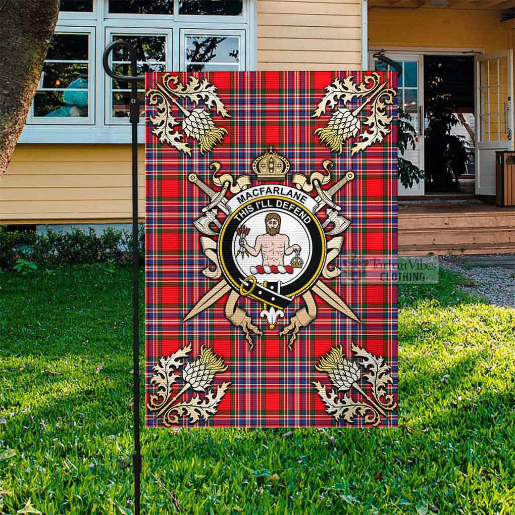 Tartan Vibes Clothing MacFarlane (McFarlane) Tartan Flag with Family Crest and Golden Thistle Crossed Sword Design