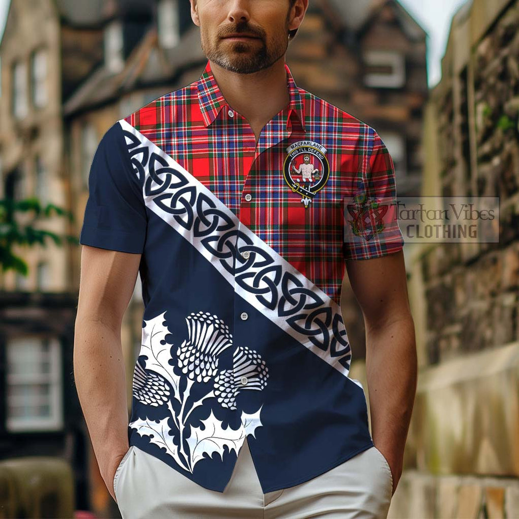 Tartan Vibes Clothing MacFarlane (McFarlane) Tartan Short Sleeve Button Shirt Featuring Thistle and Scotland Map