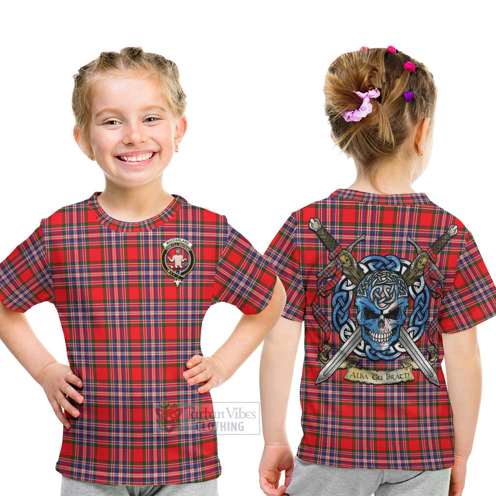 Tartan Vibes Clothing MacFarlane (McFarlane) Tartan Kid T-Shirt with Family Crest Celtic Skull Style