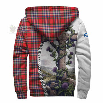 MacFarlane (McFarlane) Tartan Sherpa Hoodie with Family Crest and St. Andrew's Cross Accented by Thistle Vines