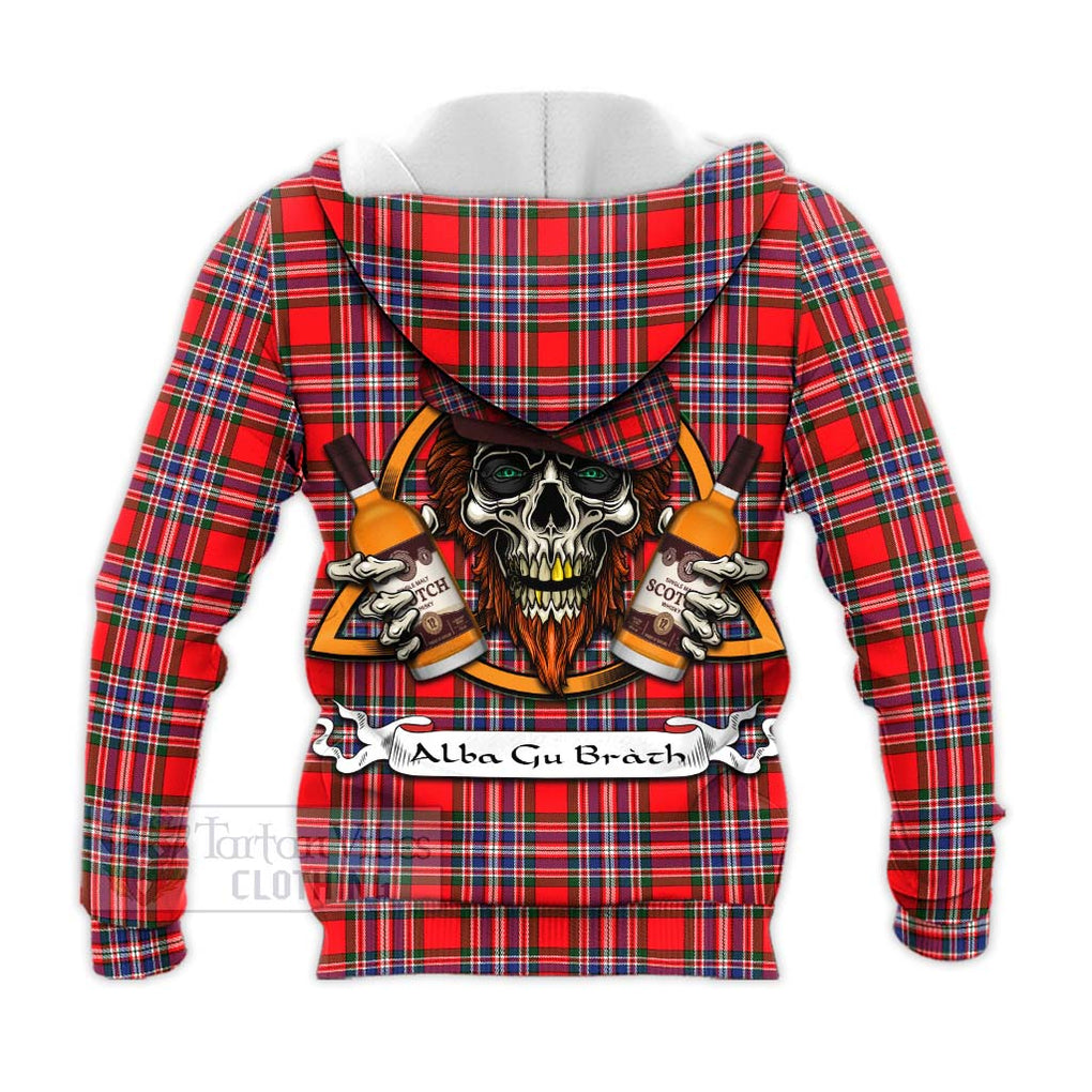 Tartan Vibes Clothing MacFarlane (McFarlane) Tartan Knitted Hoodie with Family Crest and Bearded Skull Holding Bottles of Whiskey