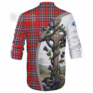 MacFarlane (McFarlane) Tartan Ghillie Kilt Shirt with Family Crest and St. Andrew's Cross Accented by Thistle Vines