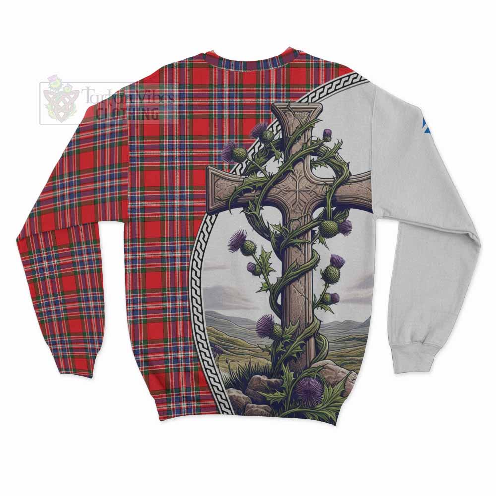 Tartan Vibes Clothing MacFarlane (McFarlane) Tartan Sweatshirt with Family Crest and St. Andrew's Cross Accented by Thistle Vines