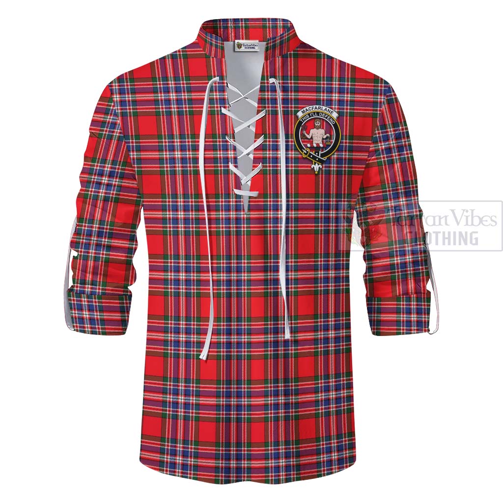 Tartan Vibes Clothing MacFarlane (McFarlane) Tartan Ghillie Kilt Shirt with Family Crest and Bearded Skull Holding Bottles of Whiskey