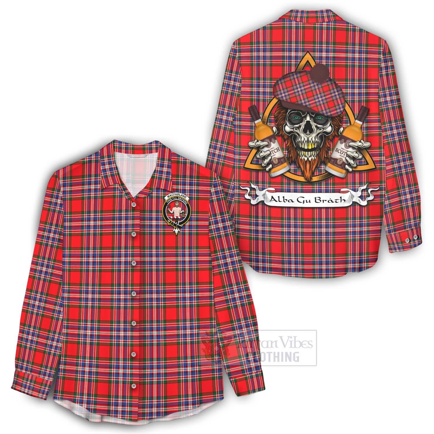 Tartan Vibes Clothing MacFarlane (McFarlane) Tartan Women's Casual Shirt with Family Crest and Bearded Skull Holding Bottles of Whiskey