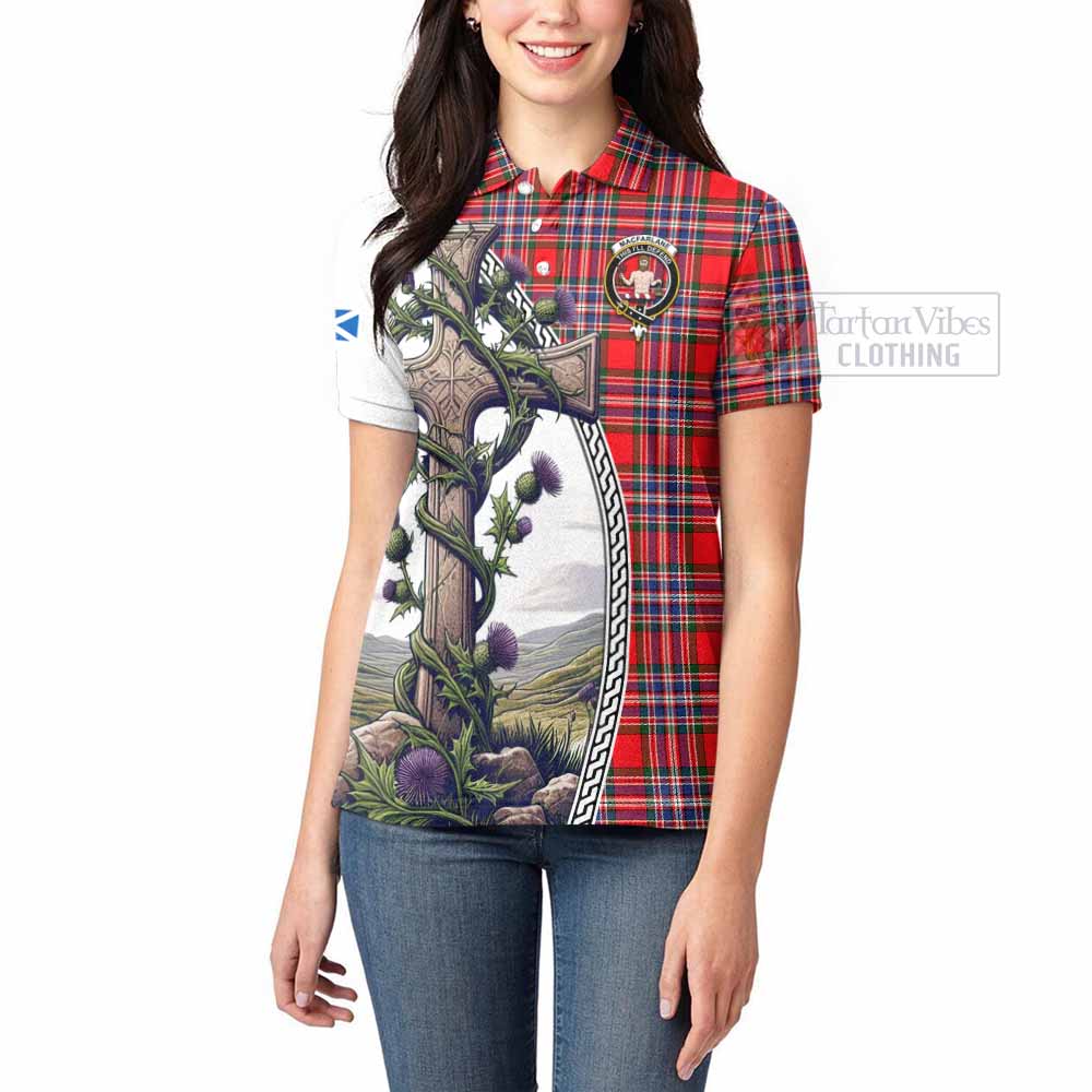 Tartan Vibes Clothing MacFarlane (McFarlane) Tartan Women's Polo Shirt with Family Crest and St. Andrew's Cross Accented by Thistle Vines