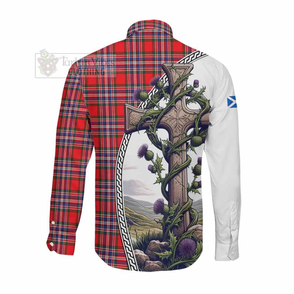 Tartan Vibes Clothing MacFarlane (McFarlane) Tartan Long Sleeve Button Shirt with Family Crest and St. Andrew's Cross Accented by Thistle Vines