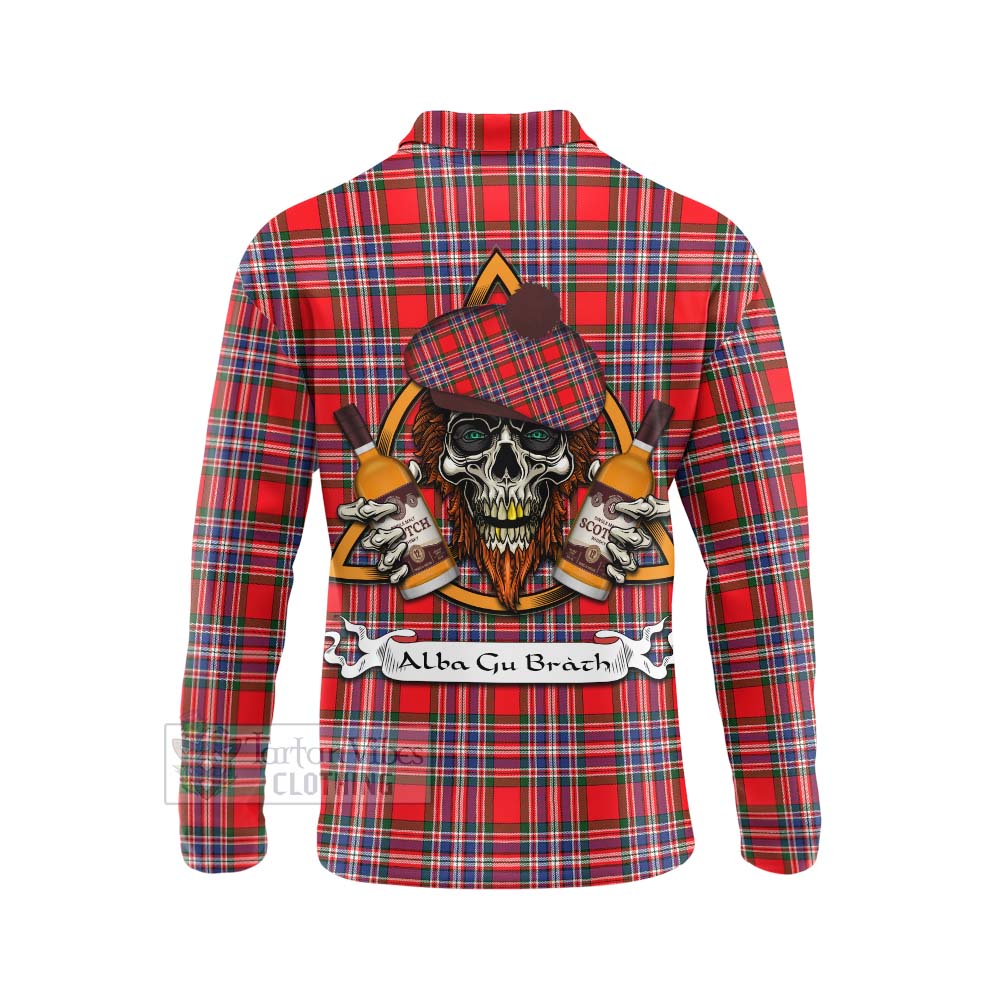 Tartan Vibes Clothing MacFarlane (McFarlane) Tartan Long Sleeve Polo Shirt with Family Crest and Bearded Skull Holding Bottles of Whiskey