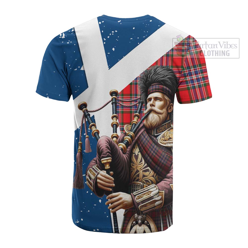 Tartan Vibes Clothing MacFarlane (McFarlane) Tartan Cotton T-shirt with Family Crest Scottish Bagpiper Vibes