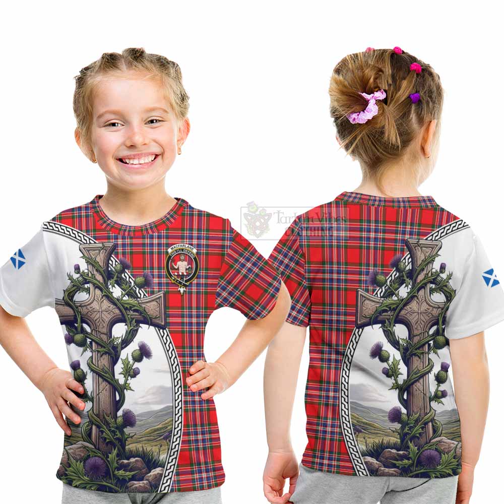 Tartan Vibes Clothing MacFarlane (McFarlane) Tartan Kid T-Shirt with Family Crest and St. Andrew's Cross Accented by Thistle Vines