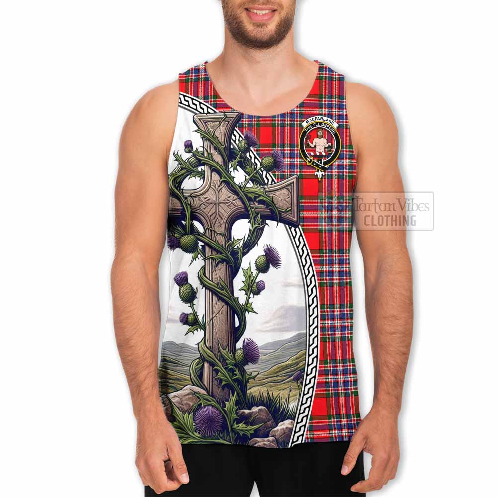 Tartan Vibes Clothing MacFarlane (McFarlane) Tartan Men's Tank Top with Family Crest and St. Andrew's Cross Accented by Thistle Vines