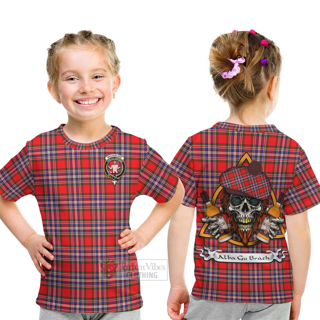 Tartan Vibes Clothing MacFarlane (McFarlane) Tartan Kid T-Shirt with Family Crest and Bearded Skull Holding Bottles of Whiskey