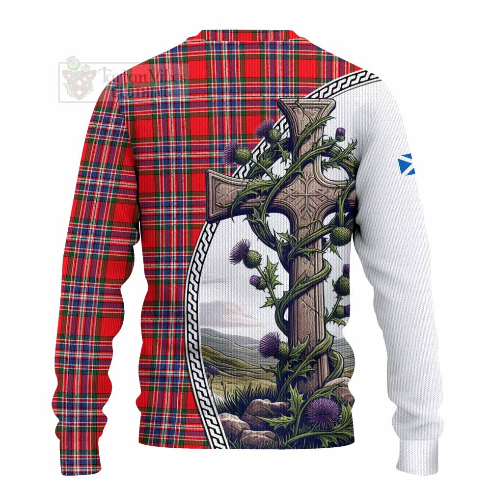 Tartan Vibes Clothing MacFarlane (McFarlane) Tartan Knitted Sweater with Family Crest and St. Andrew's Cross Accented by Thistle Vines