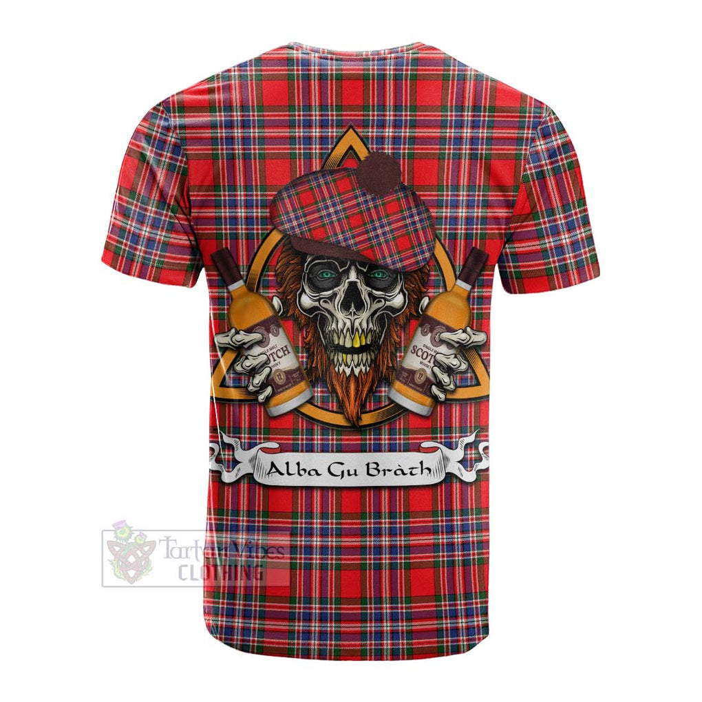 Tartan Vibes Clothing MacFarlane (McFarlane) Tartan Cotton T-shirt with Family Crest and Bearded Skull Holding Bottles of Whiskey