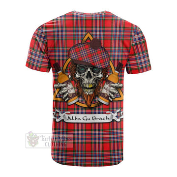 MacFarlane (McFarlane) Tartan Cotton T-shirt with Family Crest and Bearded Skull Holding Bottles of Whiskey