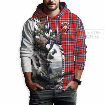 MacFarlane (McFarlane) Tartan Hoodie with Family Crest and St. Andrew's Cross Accented by Thistle Vines