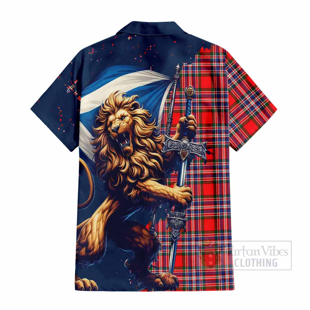 Tartan Vibes Clothing MacFarlane (McFarlane) Tartan Family Crest Short Sleeve Button Shirt with Scottish Majestic Lion