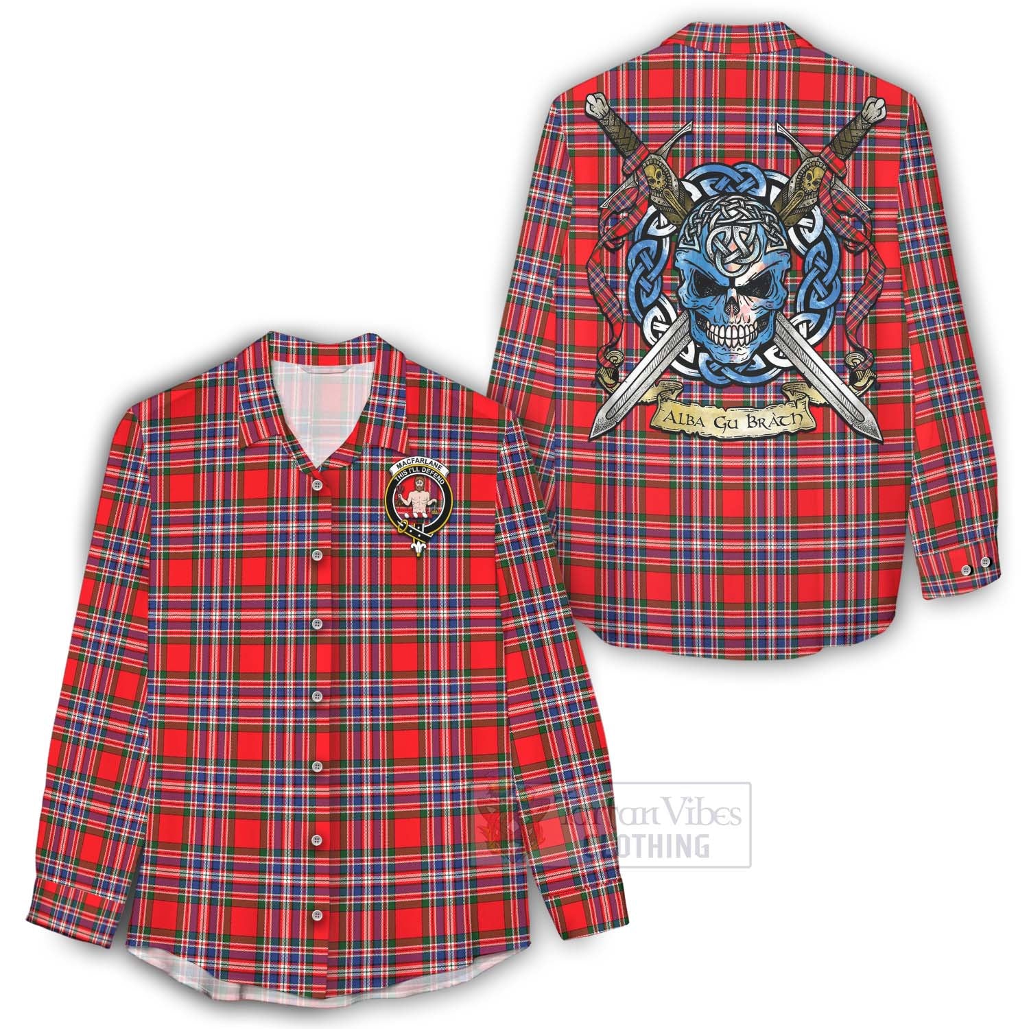 Tartan Vibes Clothing MacFarlane (McFarlane) Tartan Women's Casual Shirt with Family Crest Celtic Skull Style