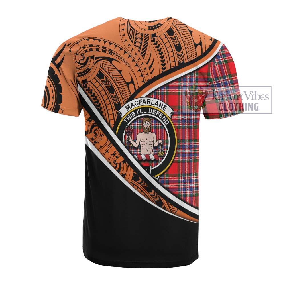 Tartan Vibes Clothing MacFarlane (McFarlane) Crest Tartan Cotton T-shirt with Maori Tattoo Style - Orange Version