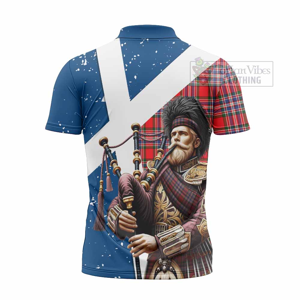 Tartan Vibes Clothing MacFarlane (McFarlane) Tartan Zipper Polo Shirt with Family Crest Scottish Bagpiper Vibes