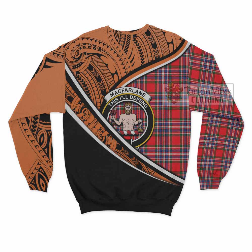 Tartan Vibes Clothing MacFarlane (McFarlane) Crest Tartan Sweatshirt with Maori Tattoo Style - Orange Version