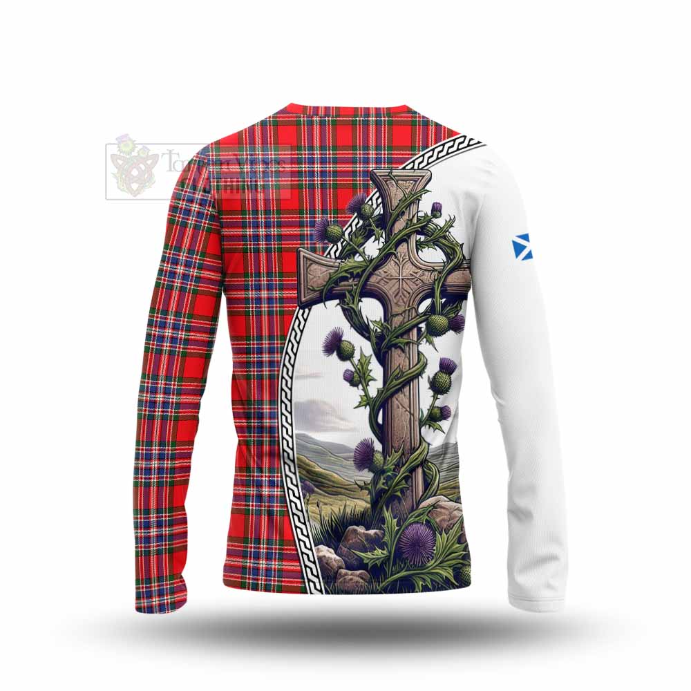 Tartan Vibes Clothing MacFarlane (McFarlane) Tartan Long Sleeve T-Shirt with Family Crest and St. Andrew's Cross Accented by Thistle Vines