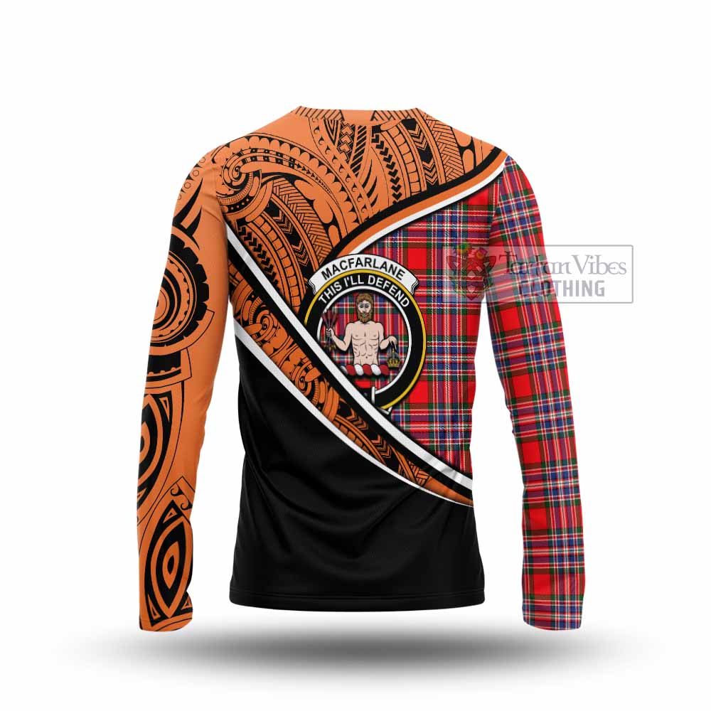 Tartan Vibes Clothing MacFarlane (McFarlane) Crest Tartan Long Sleeve T-Shirt with Maori Tattoo Style - Orange Version