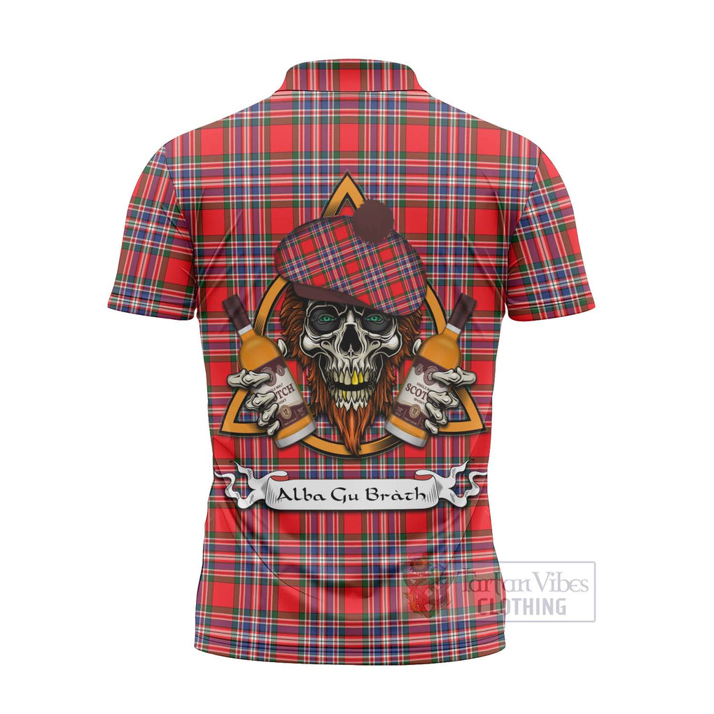 Tartan Vibes Clothing MacFarlane (McFarlane) Tartan Zipper Polo Shirt with Family Crest and Bearded Skull Holding Bottles of Whiskey