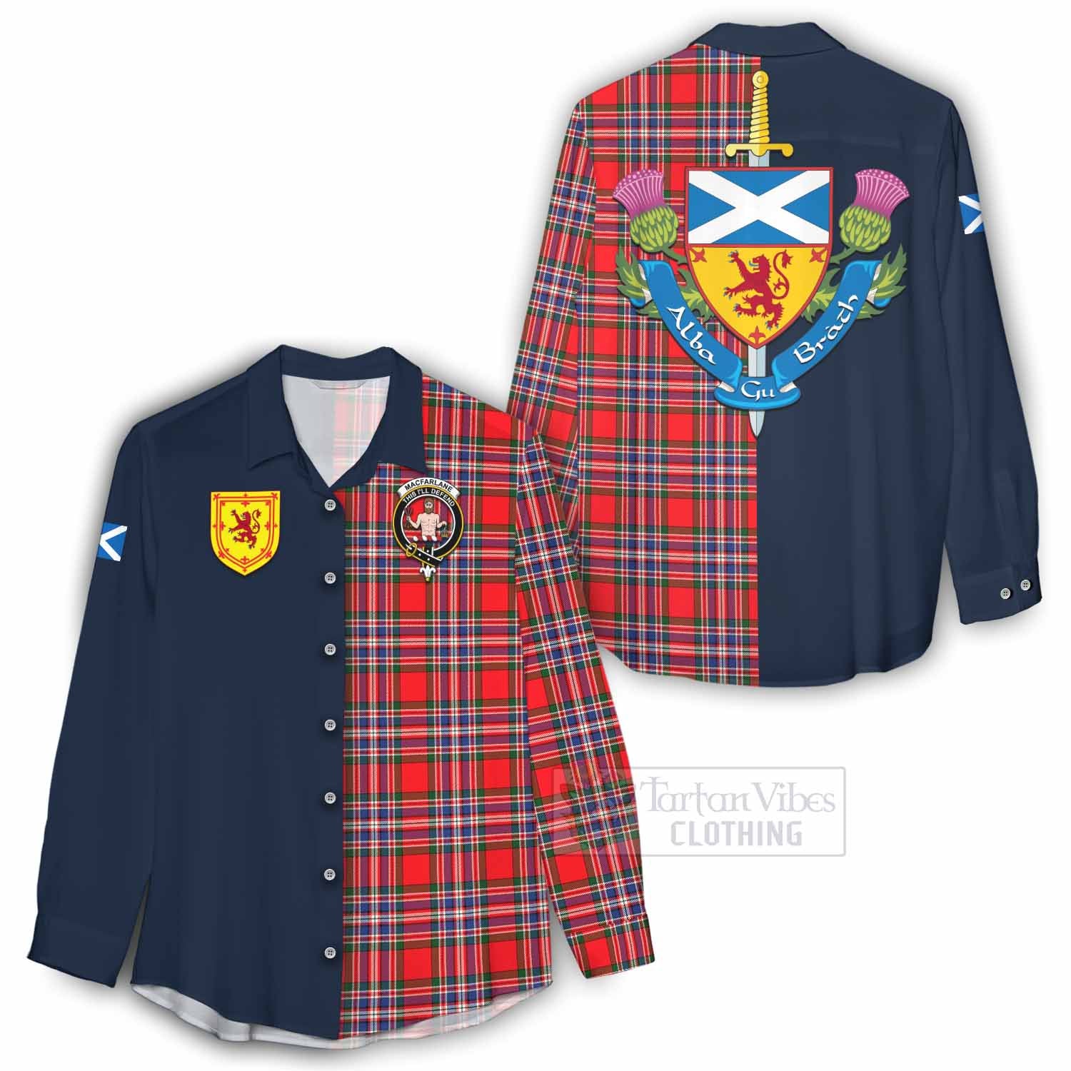 Tartan Vibes Clothing MacFarlane (McFarlane) Tartan Women's Casual Shirt Alba with Scottish Lion Royal Arm Half Style