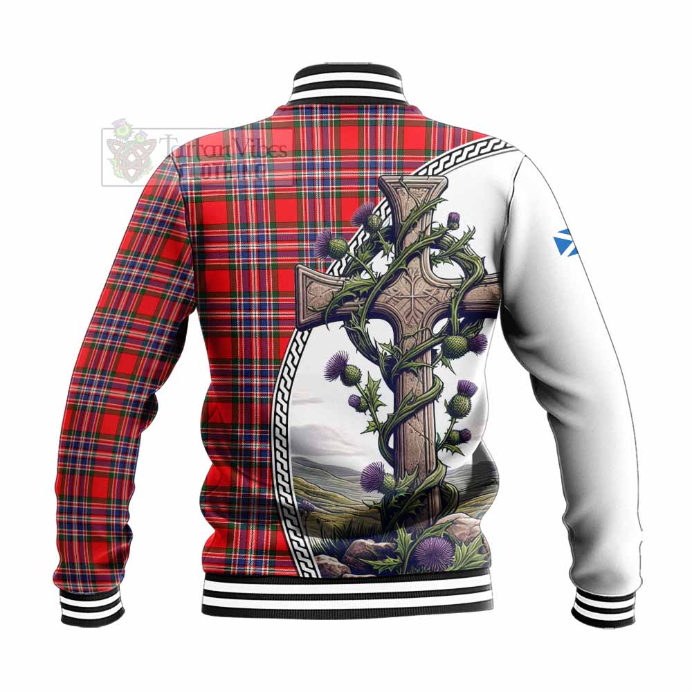 Tartan Vibes Clothing MacFarlane (McFarlane) Tartan Baseball Jacket with Family Crest and St. Andrew's Cross Accented by Thistle Vines