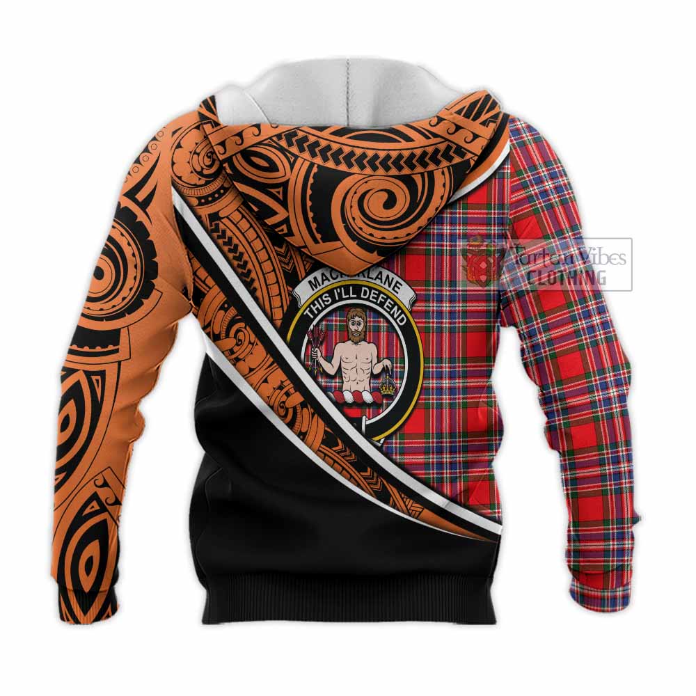 Tartan Vibes Clothing MacFarlane (McFarlane) Crest Tartan Knitted Hoodie with Maori Tattoo Style - Orange Version