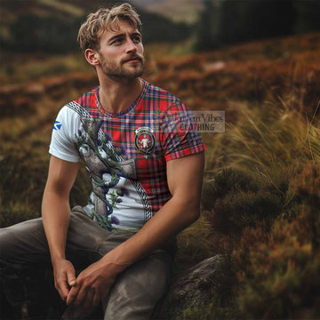 MacFarlane (McFarlane) Tartan T-Shirt with Family Crest and St. Andrew's Cross Accented by Thistle Vines