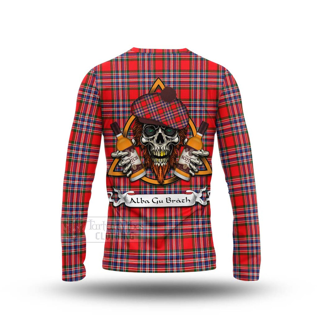 Tartan Vibes Clothing MacFarlane (McFarlane) Tartan Long Sleeve T-Shirt with Family Crest and Bearded Skull Holding Bottles of Whiskey