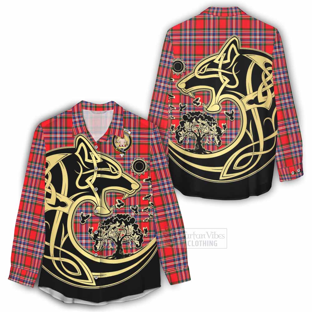 Tartan Vibes Clothing MacFarlane (McFarlane) Tartan Women's Casual Shirt with Family Crest Celtic Wolf Style