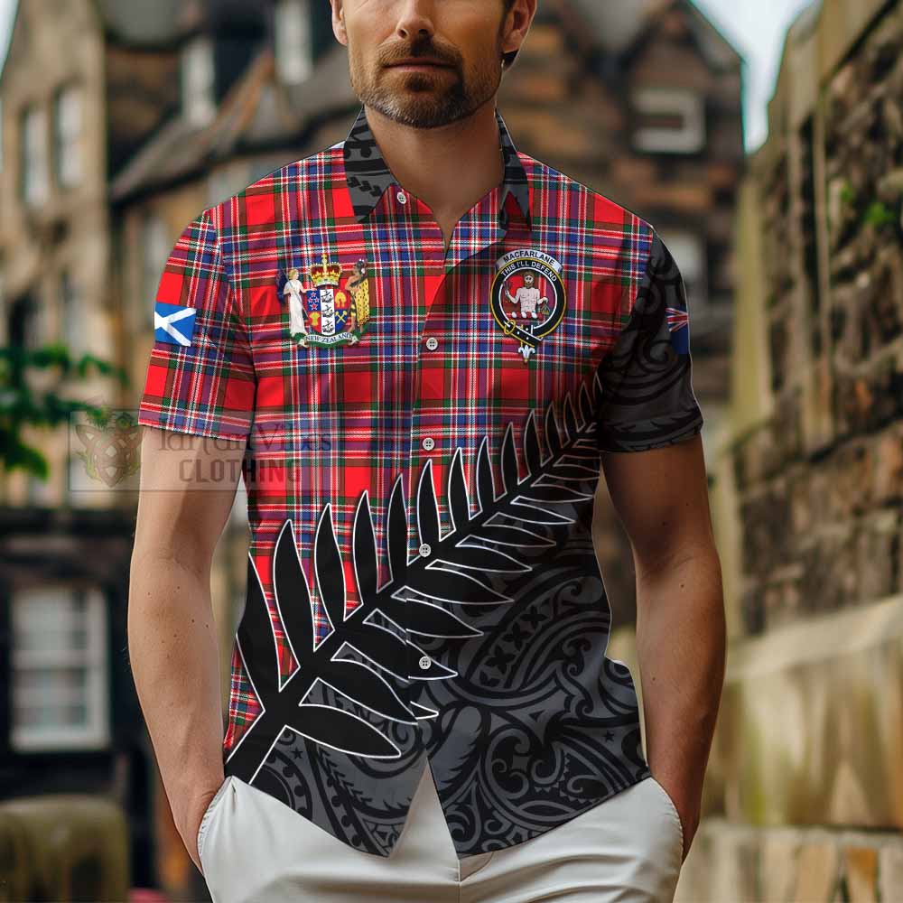 Tartan Vibes Clothing MacFarlane (McFarlane) Crest Tartan Short Sleeve Button Shirt with New Zealand Silver Fern Half Style