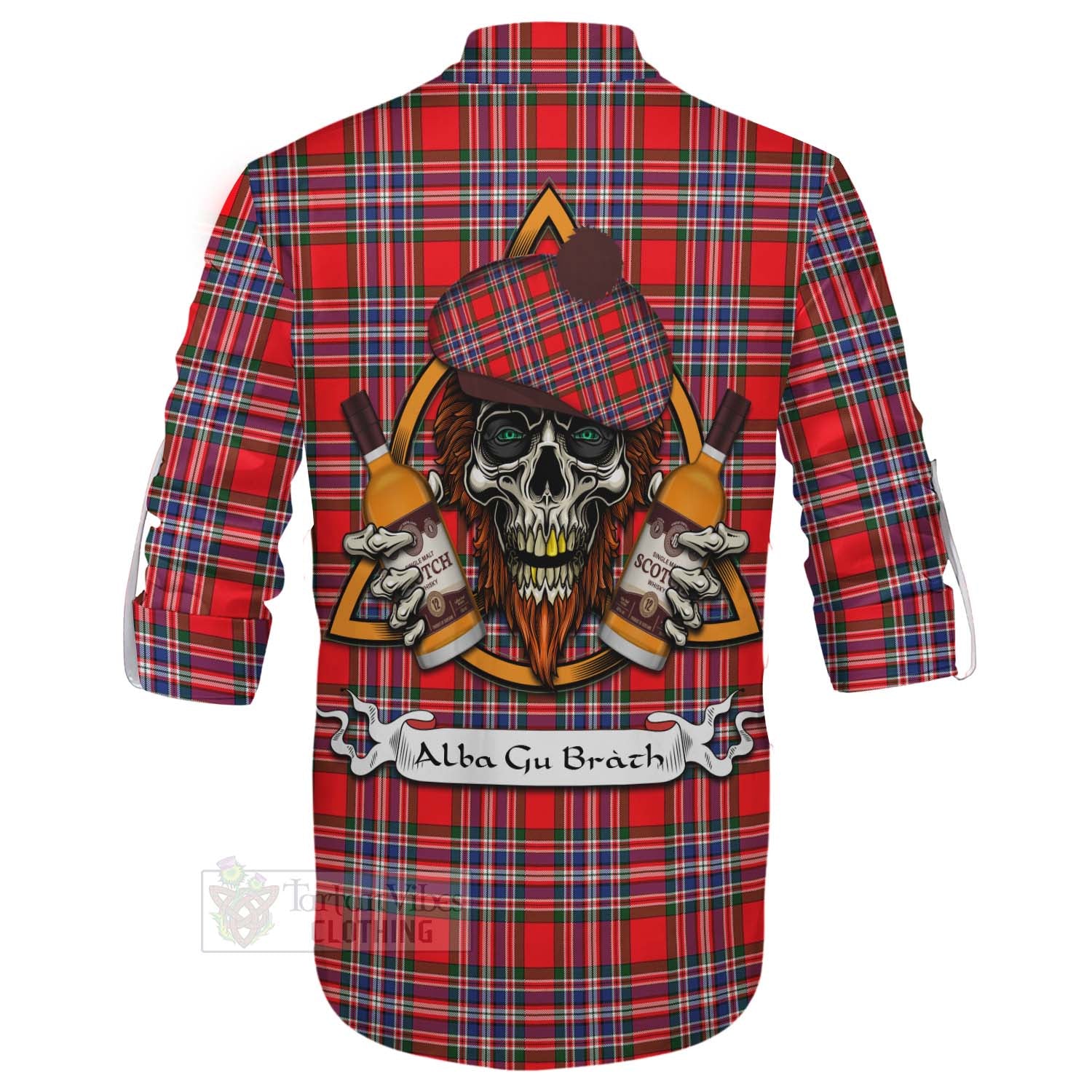 Tartan Vibes Clothing MacFarlane (McFarlane) Tartan Ghillie Kilt Shirt with Family Crest and Bearded Skull Holding Bottles of Whiskey