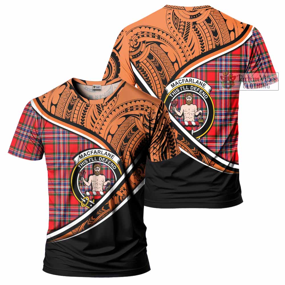 Tartan Vibes Clothing MacFarlane (McFarlane) Crest Tartan T-Shirt with Maori Tattoo Style - Orange Version