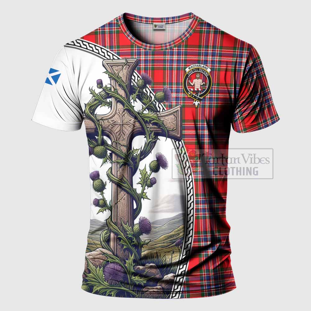 Tartan Vibes Clothing MacFarlane (McFarlane) Agnew Tartan T-Shirt with Family Crest and St. Andrew's Cross Accented by Thistle Vines