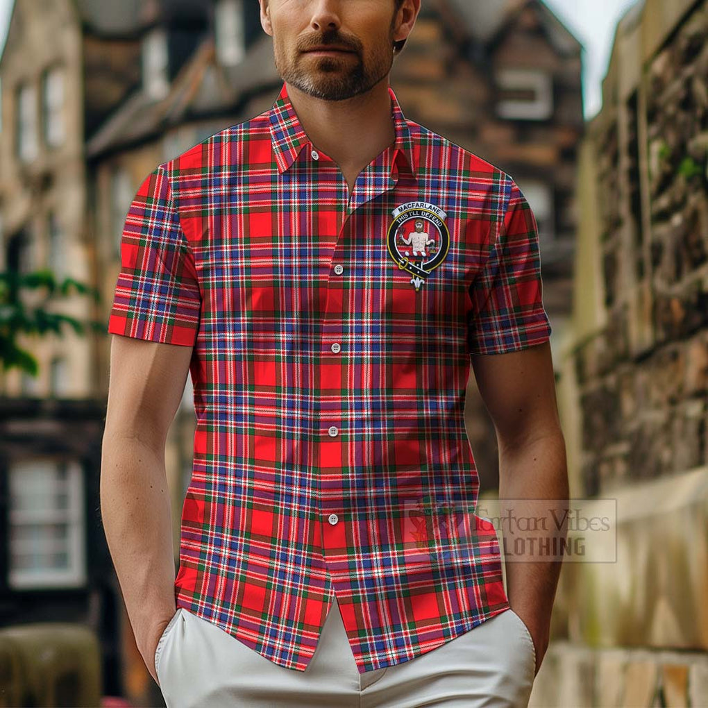 Tartan Vibes Clothing MacFarlane (McFarlane) Tartan Short Sleeve Button Shirt with Family Crest Celtic Skull Style