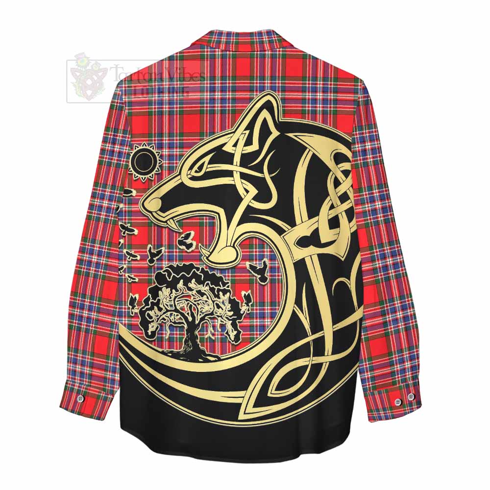 Tartan Vibes Clothing MacFarlane (McFarlane) Tartan Women's Casual Shirt with Family Crest Celtic Wolf Style